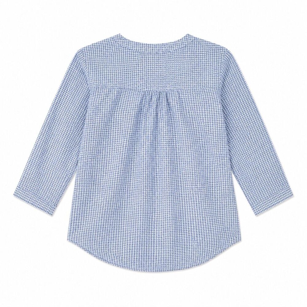 Renuar Blue Gingham Cotton Gauze Blouse Roll Tab High Low Sheer Top Medium - Picture 3 of 9